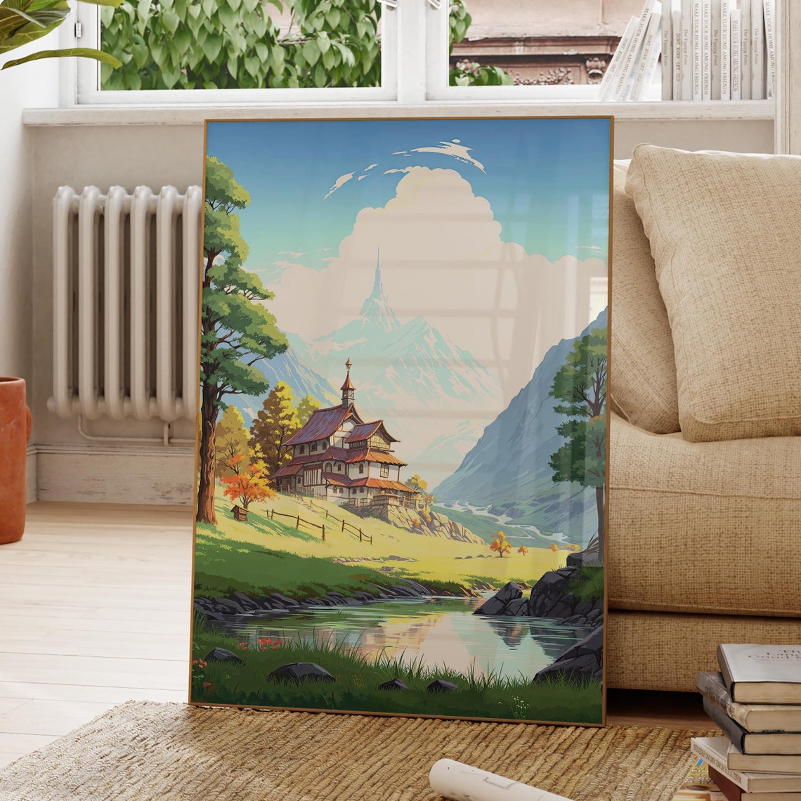 Anime Alpine House With Red Roof by a River Beneath Snowy Peaks Poster - Image 2