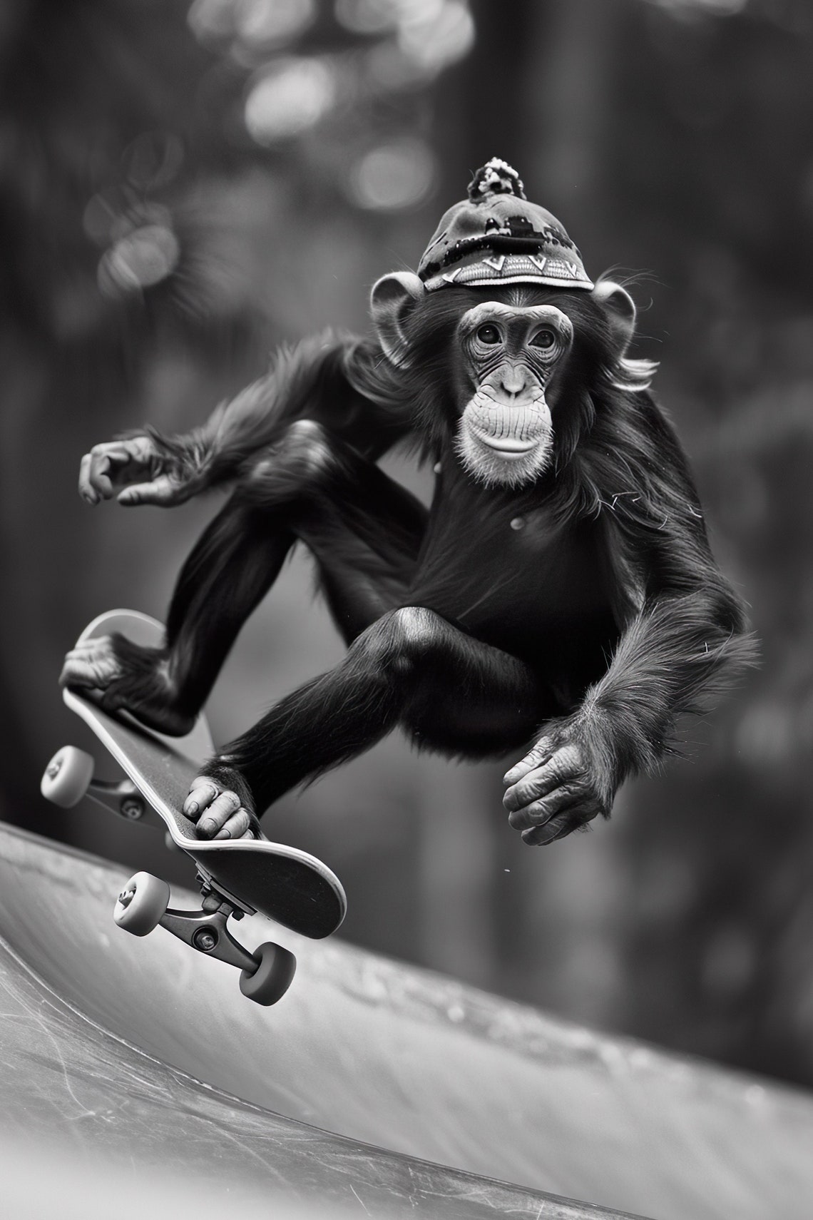 Monkey Skateboarding Trick Wearing Beanie Funny Black White Poster