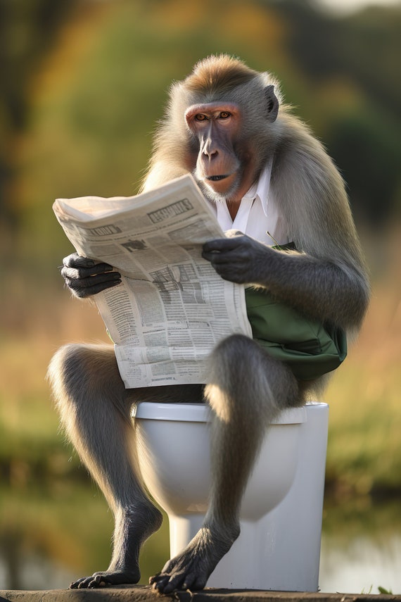Mandrill Monkey Sitting On The Toilet Reading A Newspaper Funny Bathroom Wall Art Funny Monkey Print Animal Photos Ai Art