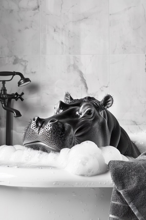 Hippo In The Bathtub Funny Animal Photograph Hippo Taking A Bubble Bath Ai Animal Print Funny Bathroom Wall Art Home