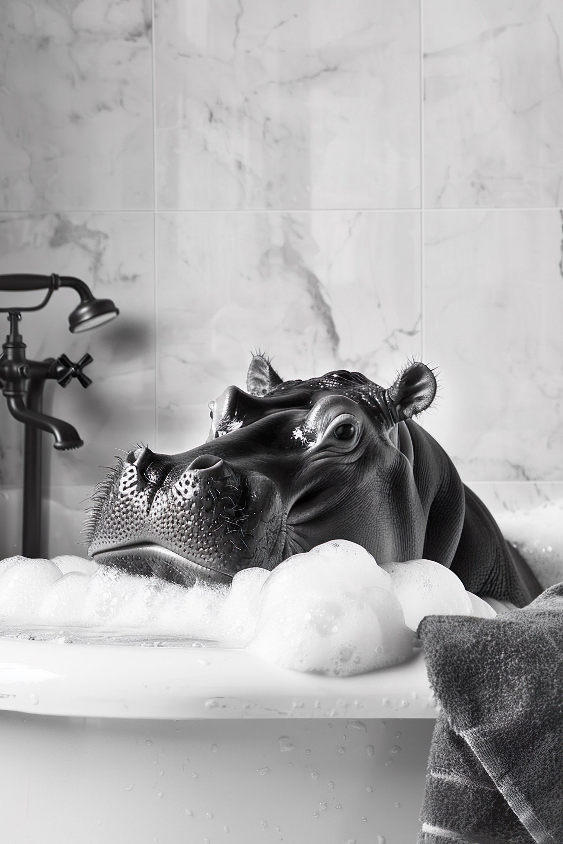 Hippo Bubble Bath Black And White Bathroom Humor Animal Poster