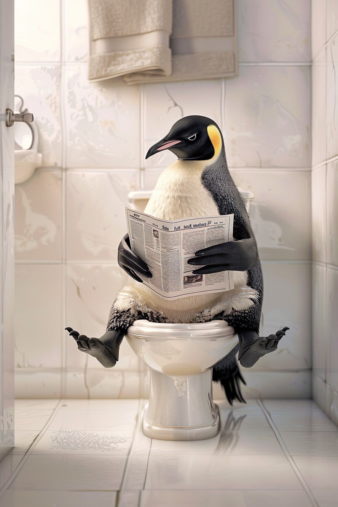 Penguin Sitting on the Toilet Reading Newspaper Art Print