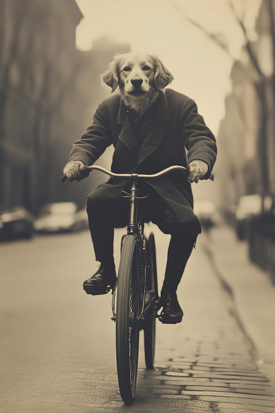 Dog Riding A Bike Funny Animal Wall Art Dog With Bicycle Funny Vintage Style Animal Photo Cute Retro Home Print Ai Art