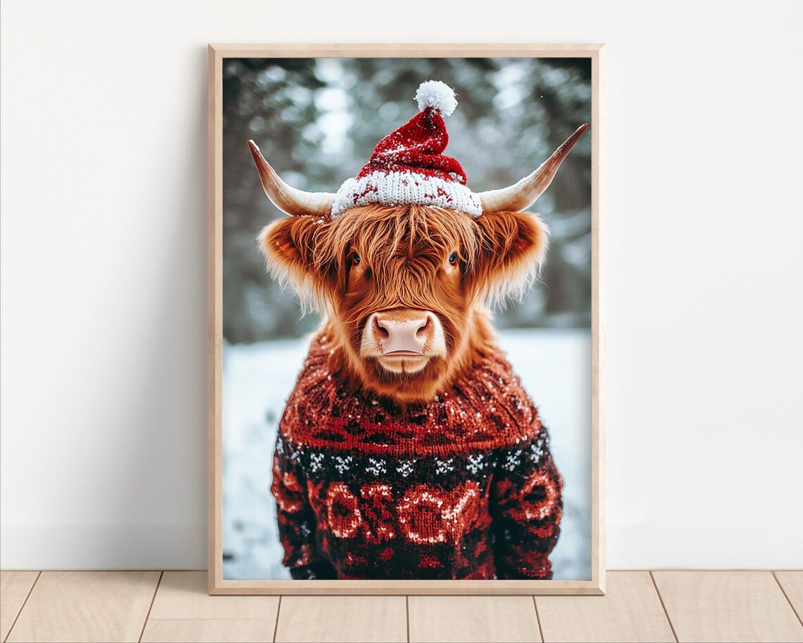 Cute Christmas Highland Cow Retro Winter Animals Art Print