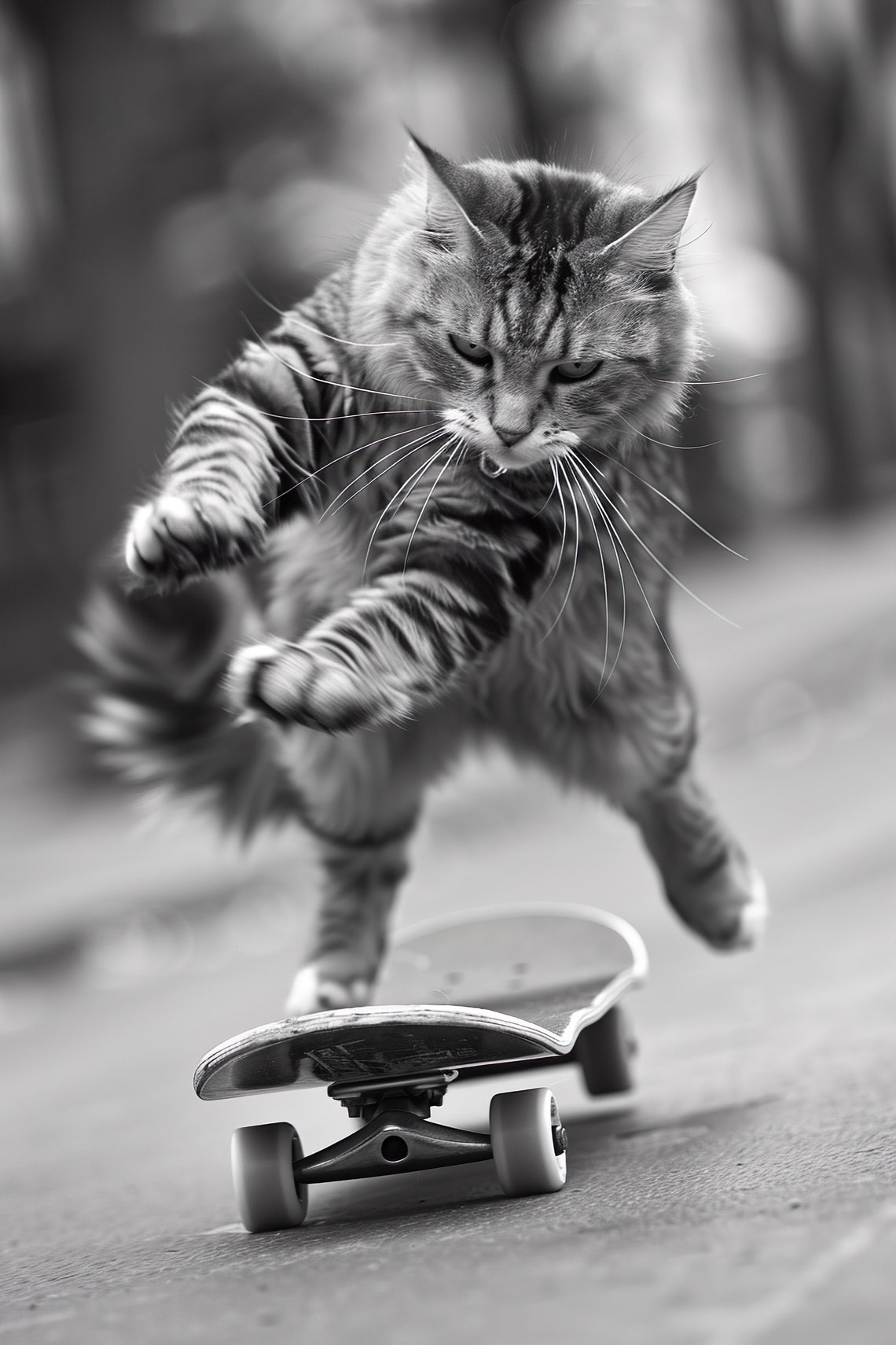 Fluffy Tabby Cat Skateboard Trick Black And White Photo Print