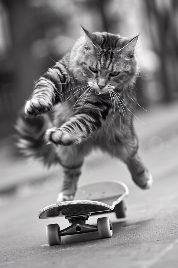 Cat Skateboarding Funny Animal Wall Art Cat On Skateboard Print Funny Vintage Cat Photo Black White Photography Ai Art