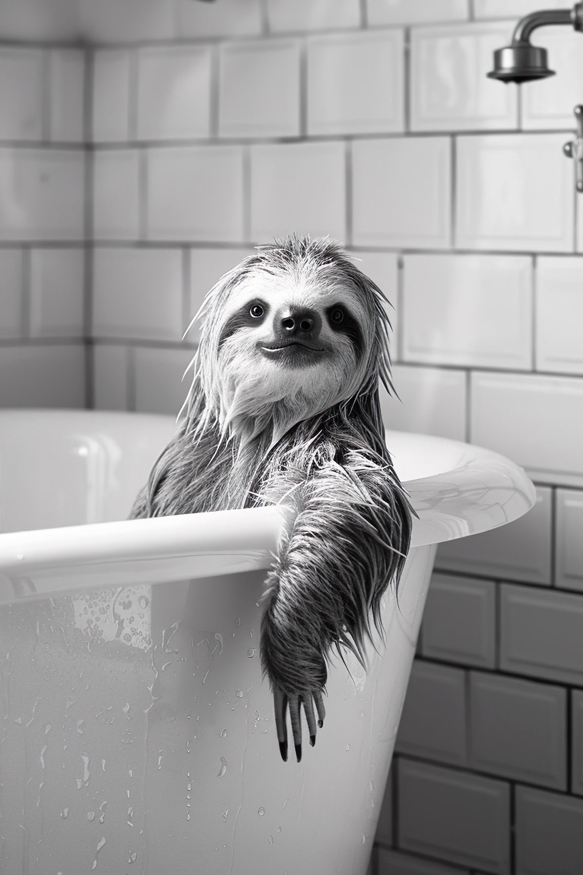 Sloth Bubble Bath Funny Wet Black And White Cute Animal Poster