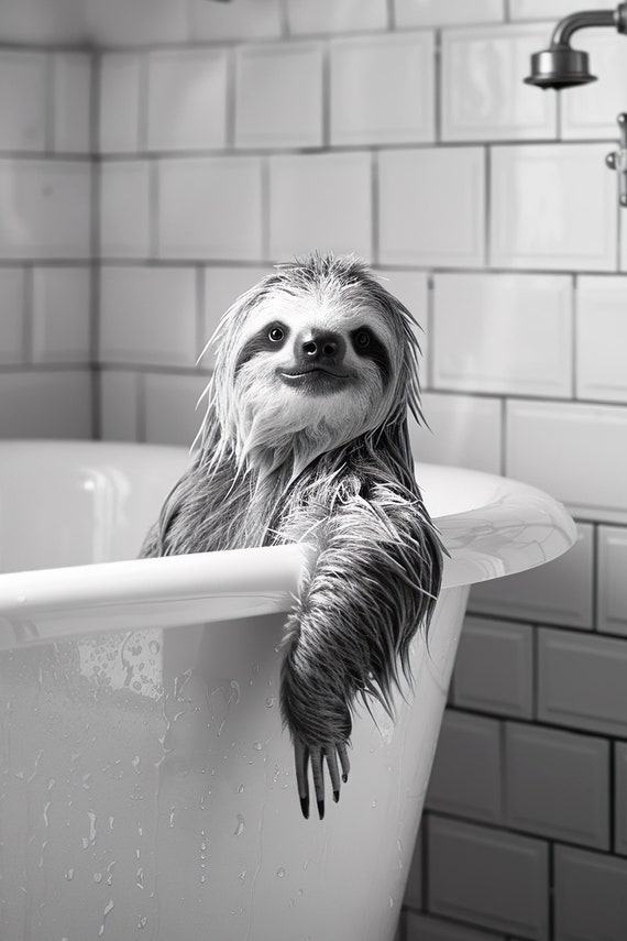 Sloth In The Bathtub Funny Animal Photograph Sloth Taking A Bubble Bath Ai Animal Print Funny Bathroom Wall Art Home