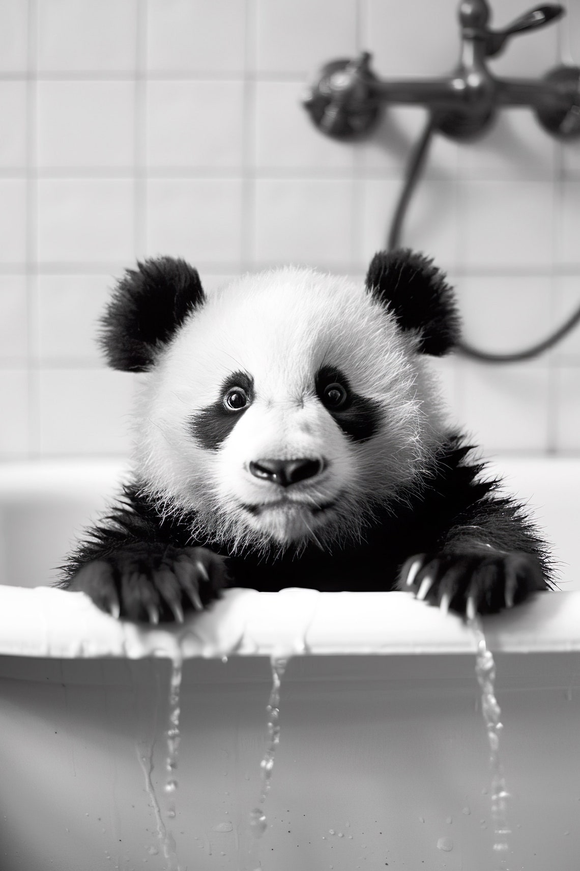 Baby Panda Bubble Bath Wet Funny Black And White Animal Poster