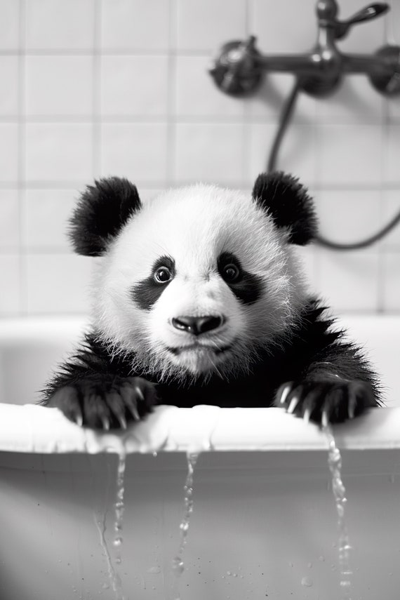 Panda In The Bathtub Funny Animal Photograph Panda Bear Taking A Bubble Bath Ai Animal Print Funny Bathroom Wall Art Home