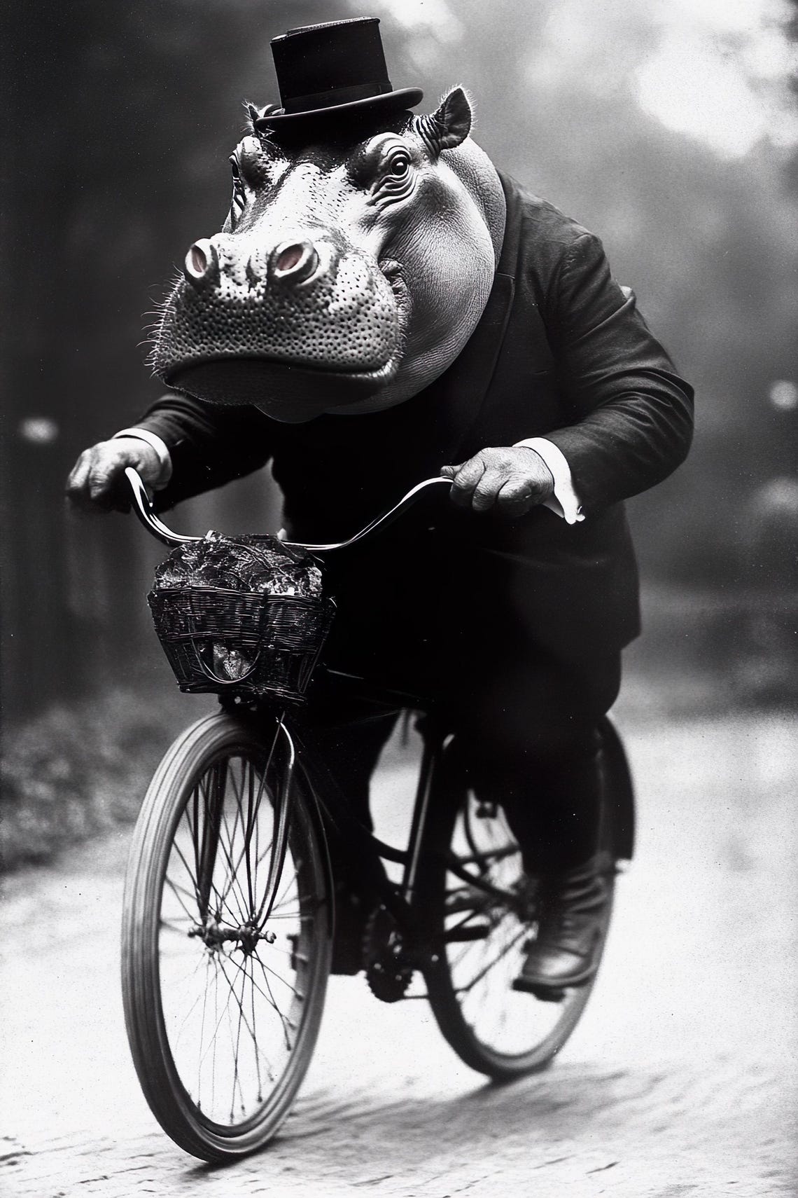 Hippo Riding Bicycle Top Hat Suit Funny Vintage Animal Poster