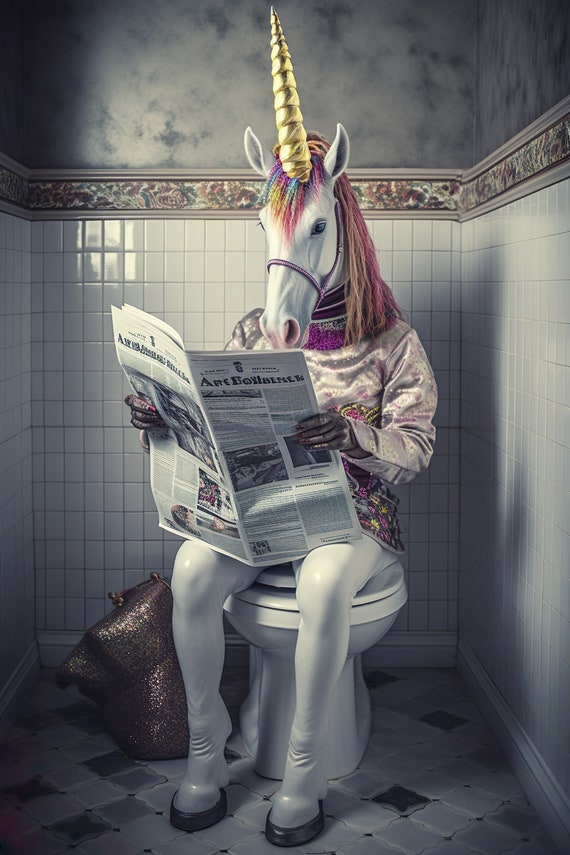 Unicorn Sitting On The Toilet Reading A Newspaper Funny Bathroom Humor Wall Art Wall Decor Funny Animal Print Home Ai Art