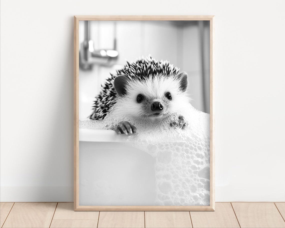 Hedgehog Bubble Bath Framed Black And White Bathroom Humor Wall Art