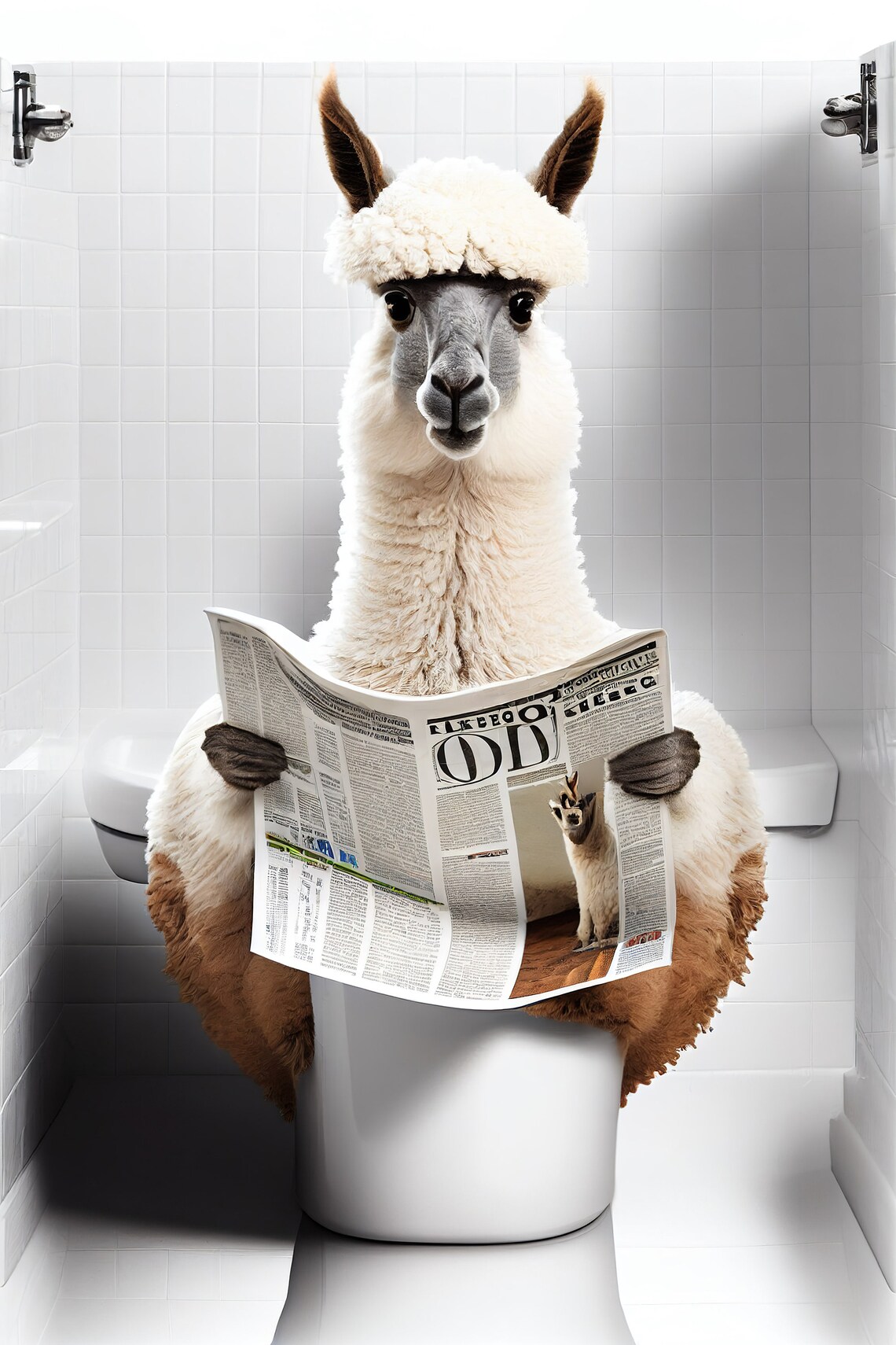 Alpaca on the Toilet Reading a Newspaper, Funny Poster