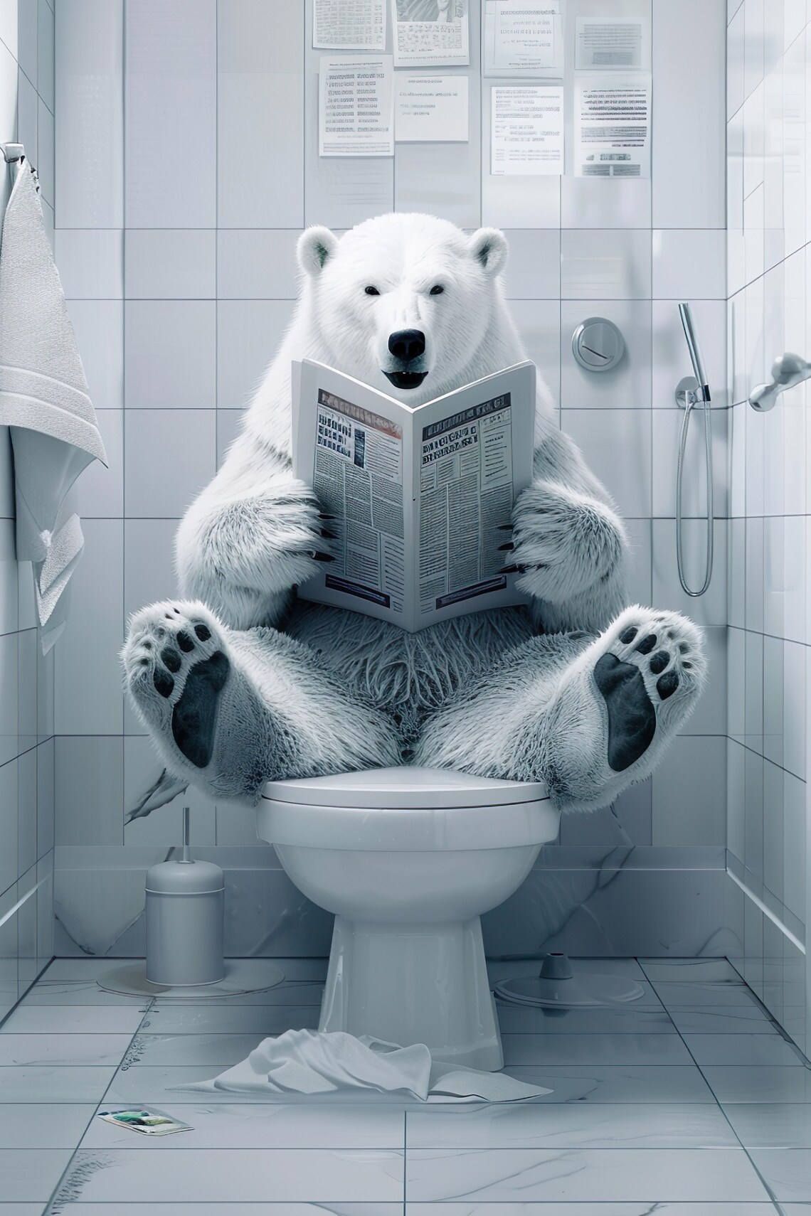 Cheerful Polar Bear Reading Newspaper on Toilet Funny Bathroom Poster