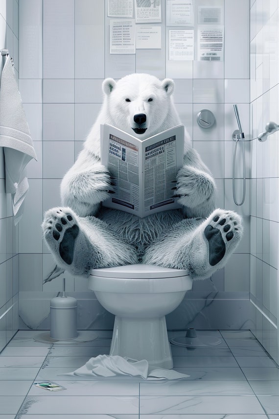 Polar Bear Sitting On The Toilet Reading A Newspaper Funny Bathroom Humor Wall Decor Funny Animal Print Home Ai Art Prints