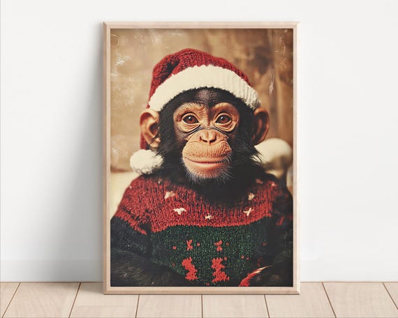 Cute Christmas Monkey Funny Christmas Wall Art Retro Winter Animals Christmas Home Decor Funny Monkey Photo Print Ai Art