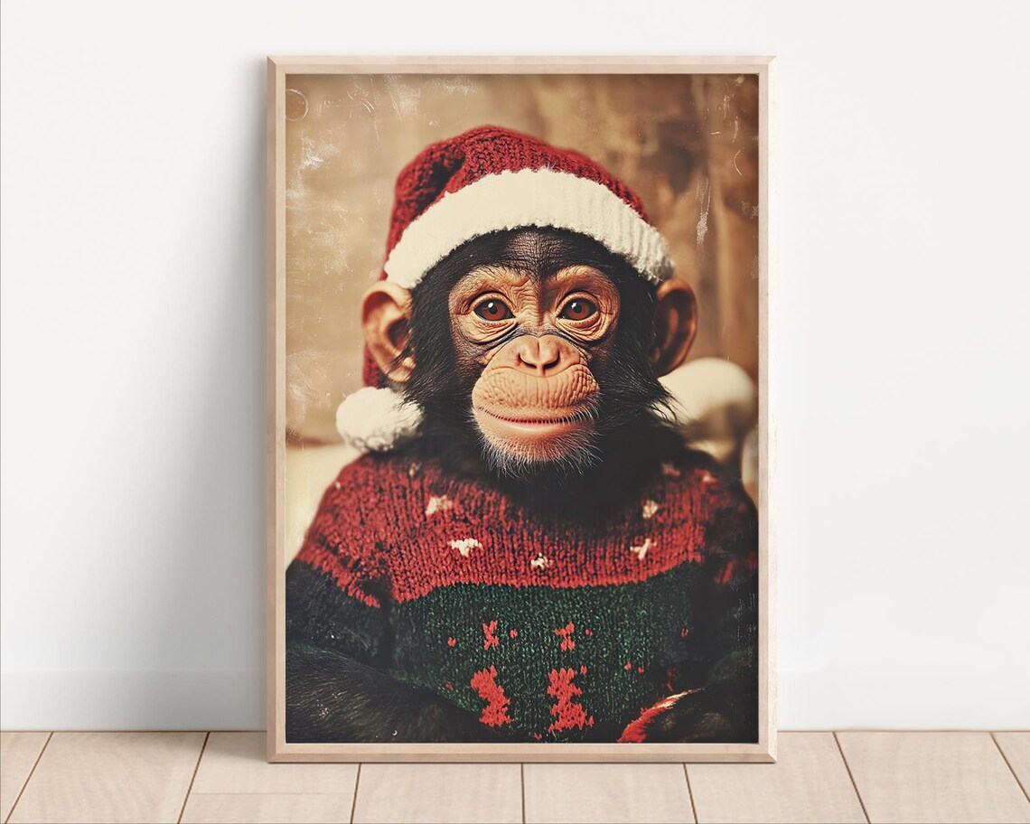 Baby Chimpanzee in Santa Hat and Christmas Sweater Cute Holiday Poster