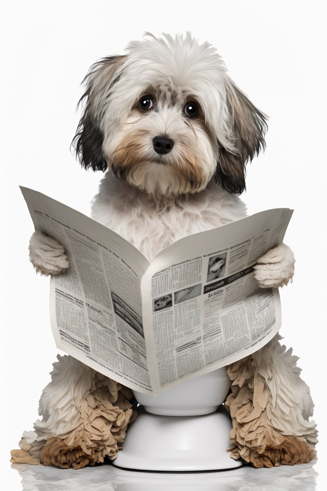 Havanese Funny Bathroom Art Print, Dog Newspaper Scene