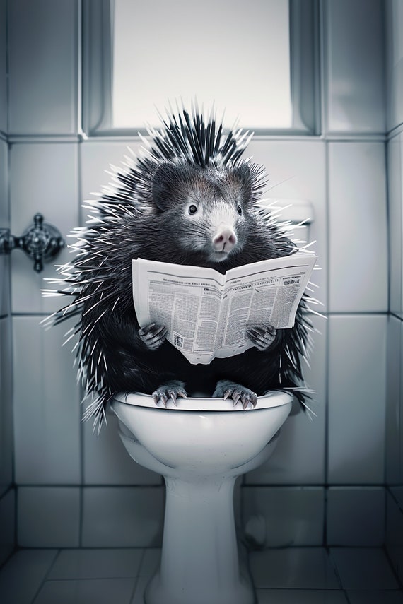 Porcupine Sitting On The Toilet Reading A Newspaper Funny Bathroom Humor Wall Decor Funny Animal Print Home Ai Print