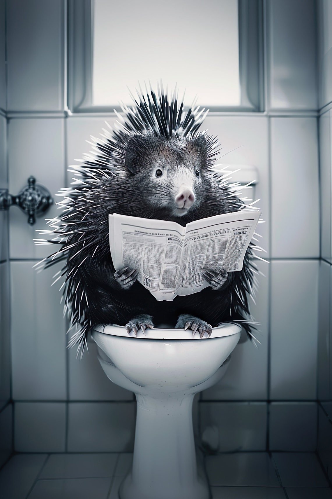 Porcupine Sitting On A Toilet Reading Newspaper Funny Bathroom Poster