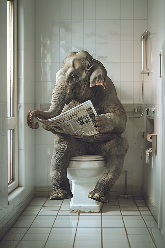 Elephant Sitting On The Toilet Reading A Newspaper Funny Bathroom Humor Wall Decor Funny Animal Print Home Ai Prints