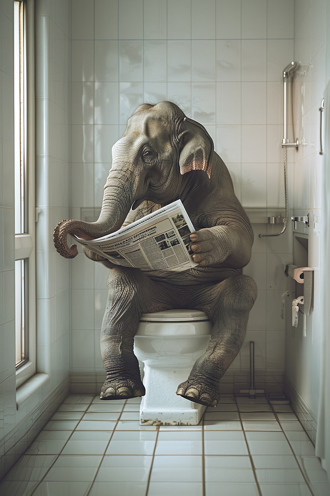 Cute Elephant Reading Newspaper on Toilet Funny Animal Poster