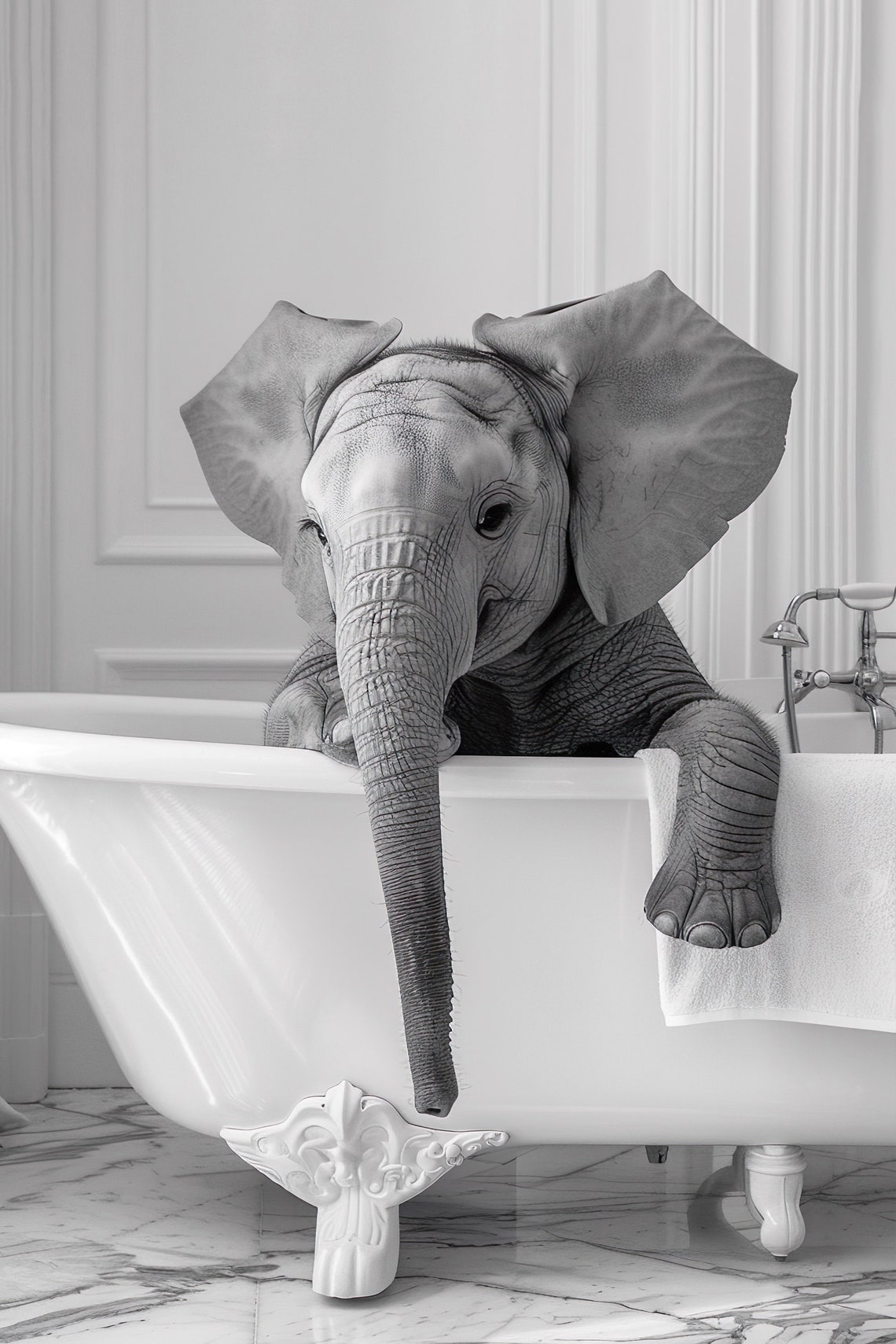 Sweet Baby Elephant Relaxing In Clawfoot Tub Trunk Draped Poster