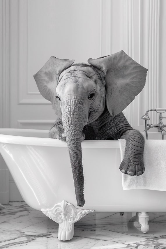 Elephant In The Bathtub Funny Animal Photograph Elephant Taking A Bubble Bath Ai Animal Print Funny Bathroom Wall Art Home