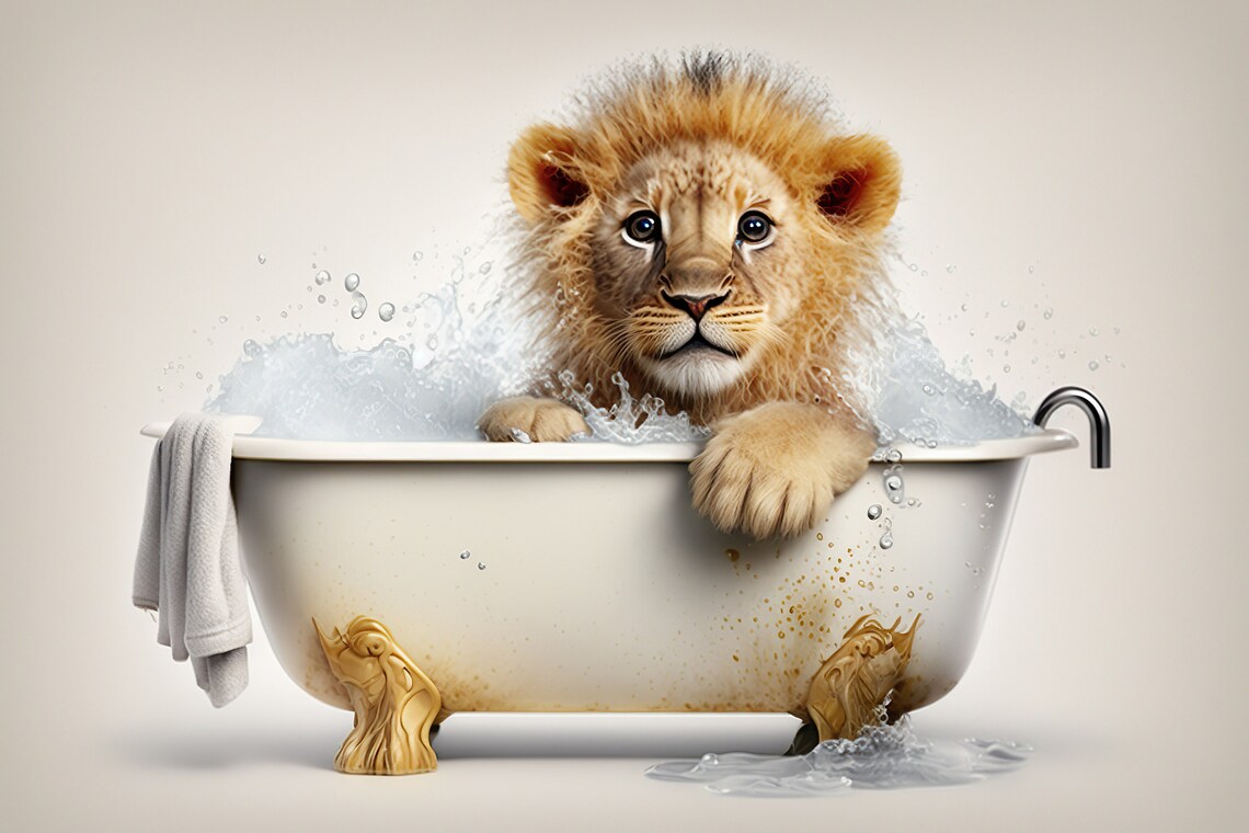 Baby Lion Cub in the Bathtub Funny Animal Art Print