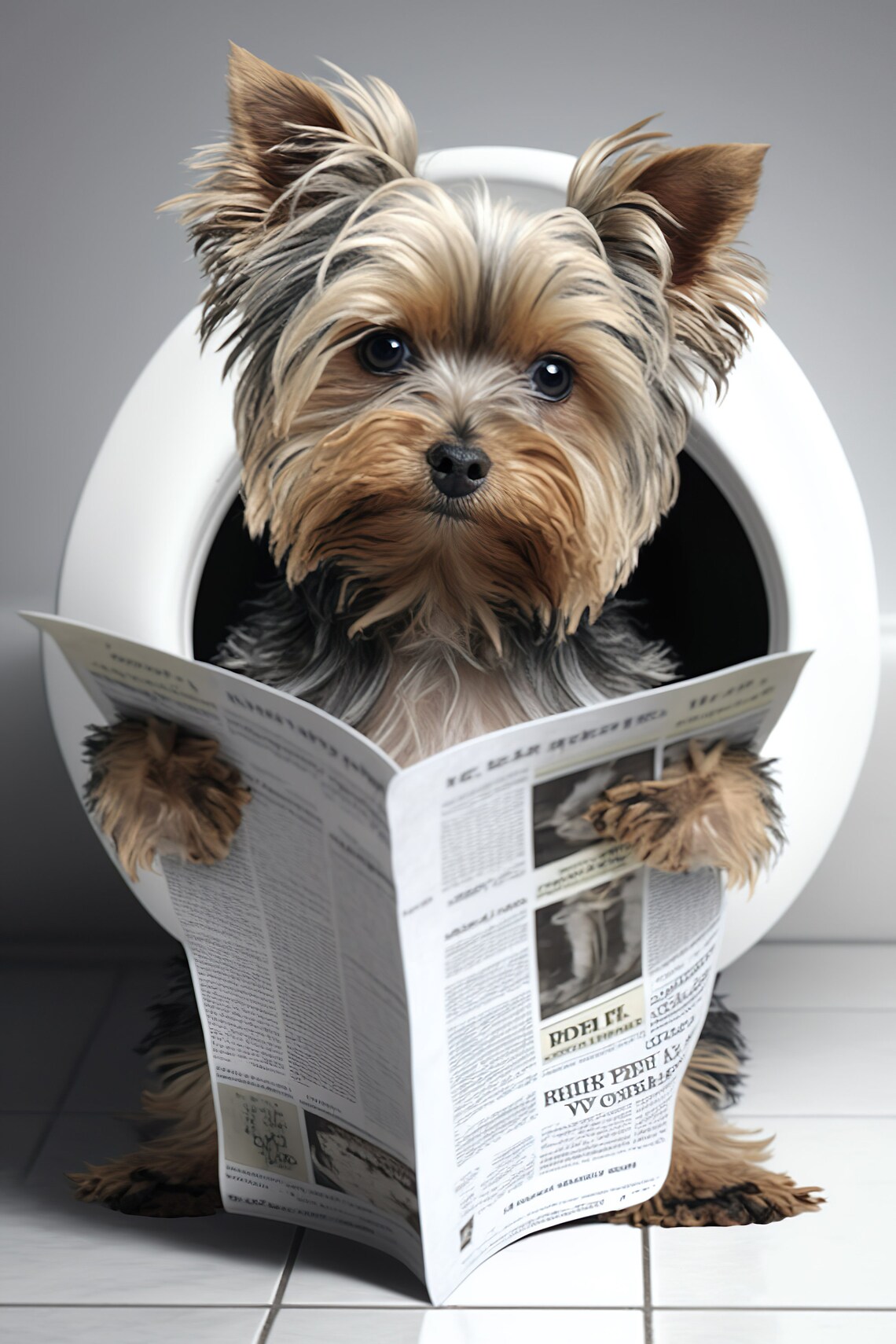 Yorkshire Terrier On Toilet Reading Newspaper Wall Art Print