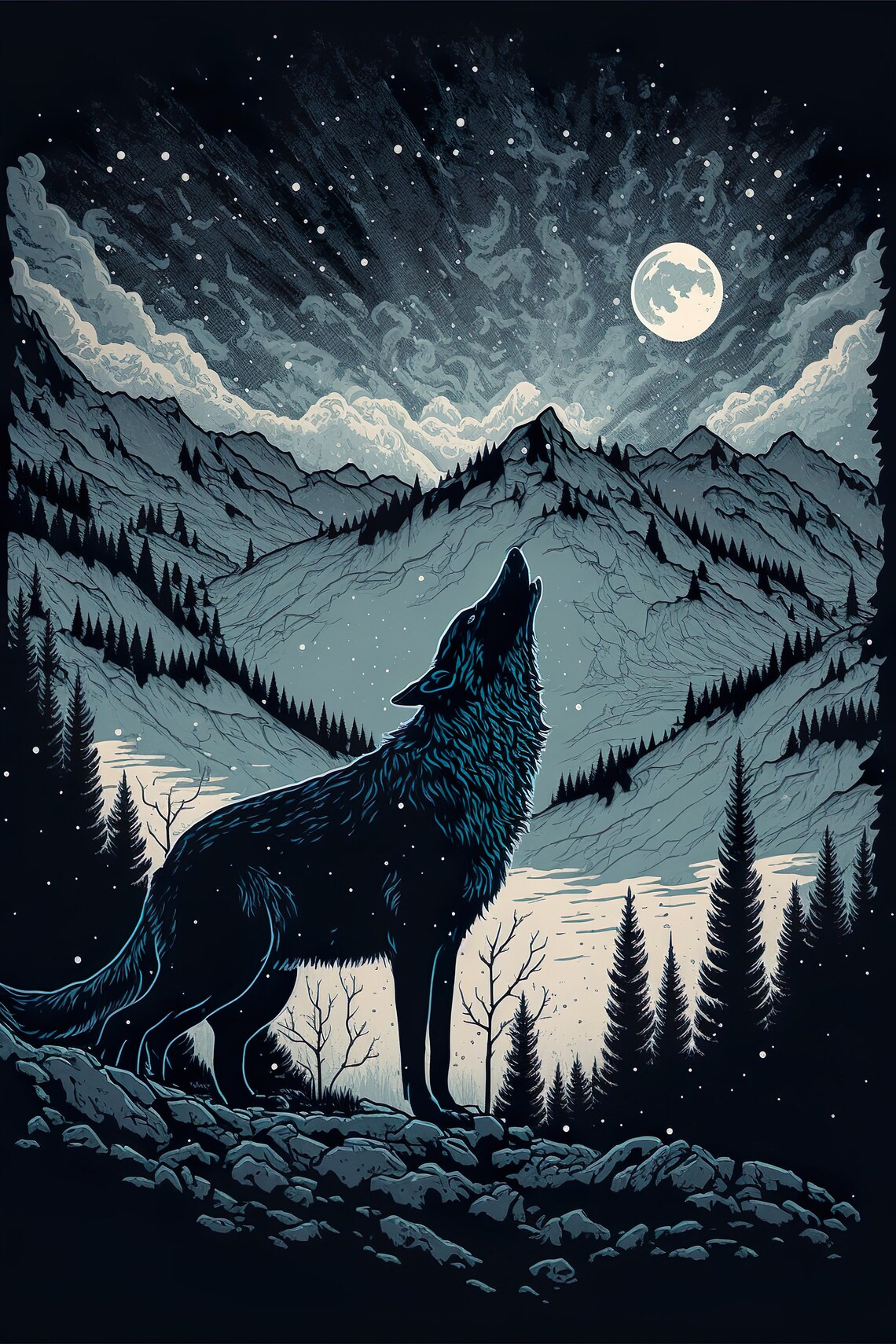 Wolf Howling at the Moon, Scandinavian Landscape