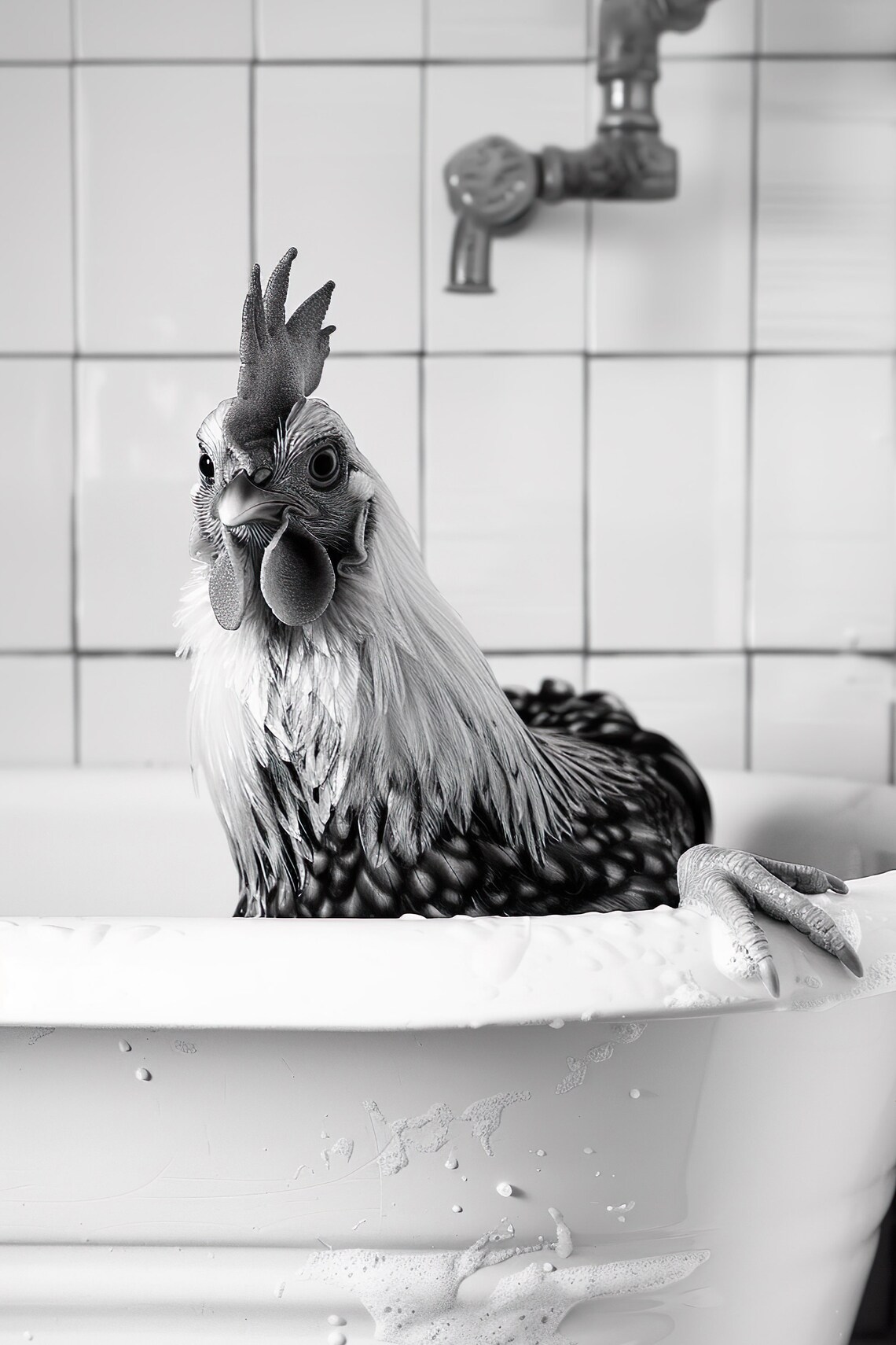 Wet Rooster In Bathtub Black And White Bathroom Humor Animal Poster