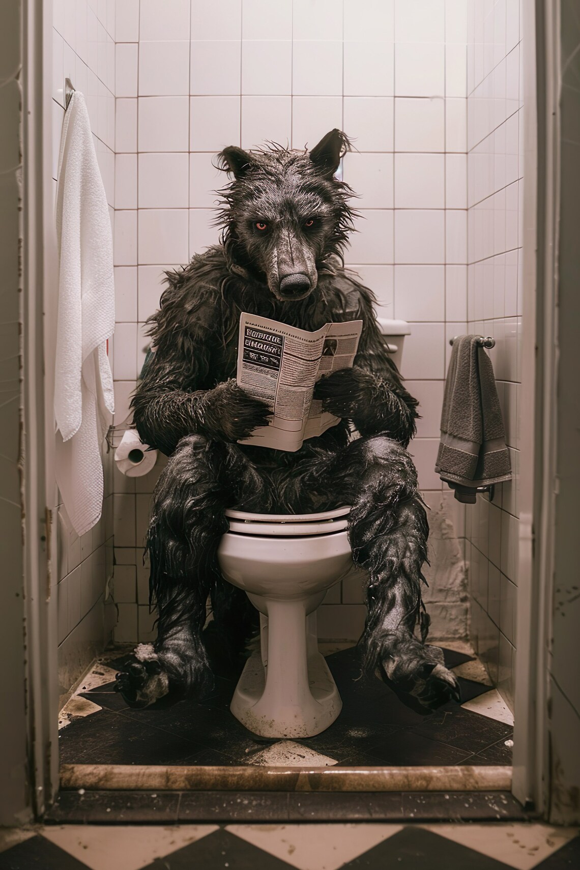 Werewolf Reading Newspaper Bathroom Humor Art Print