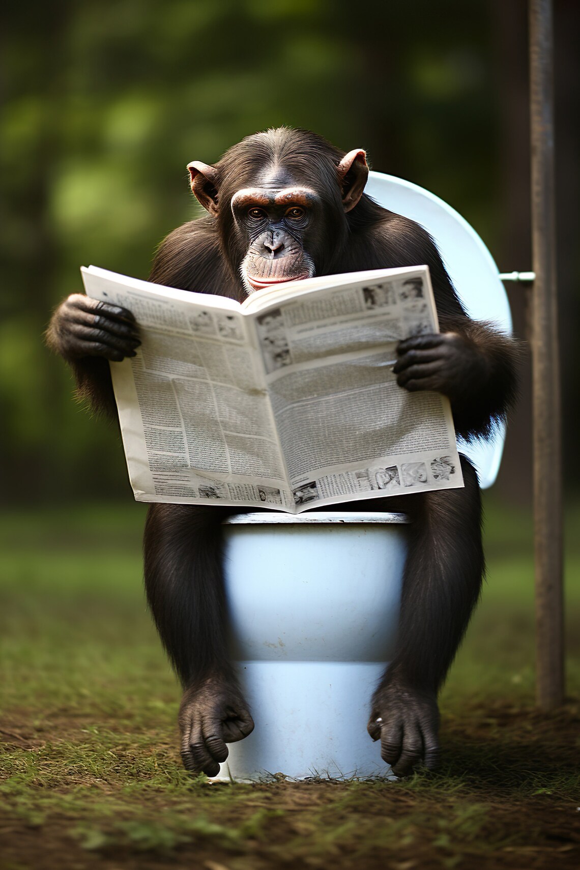 Chimpanzee Sitting On Toilet Reading Newspaper Outdoors Funny Poster