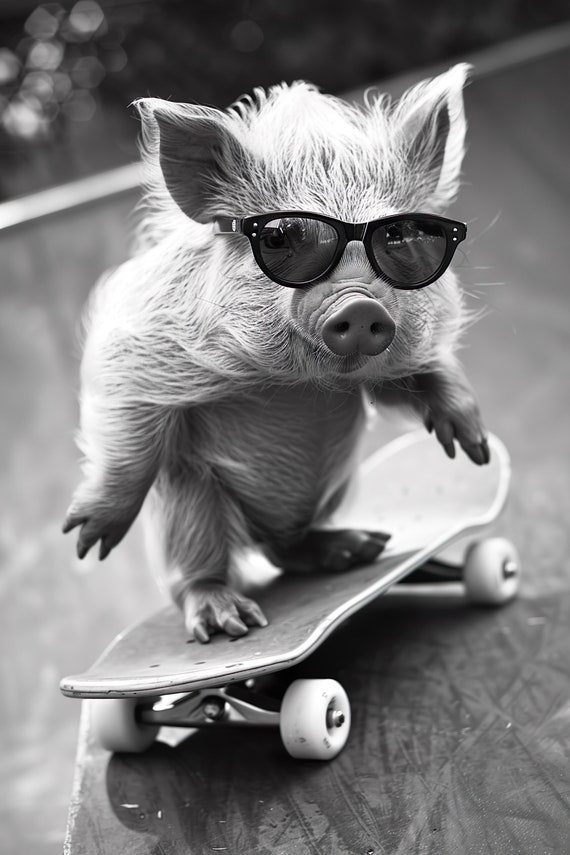 Pig Skateboarding Funny Animal Wall Art Pig On Skateboard Funny Pig Photo Print Funny Animal Photography Home Ai Created