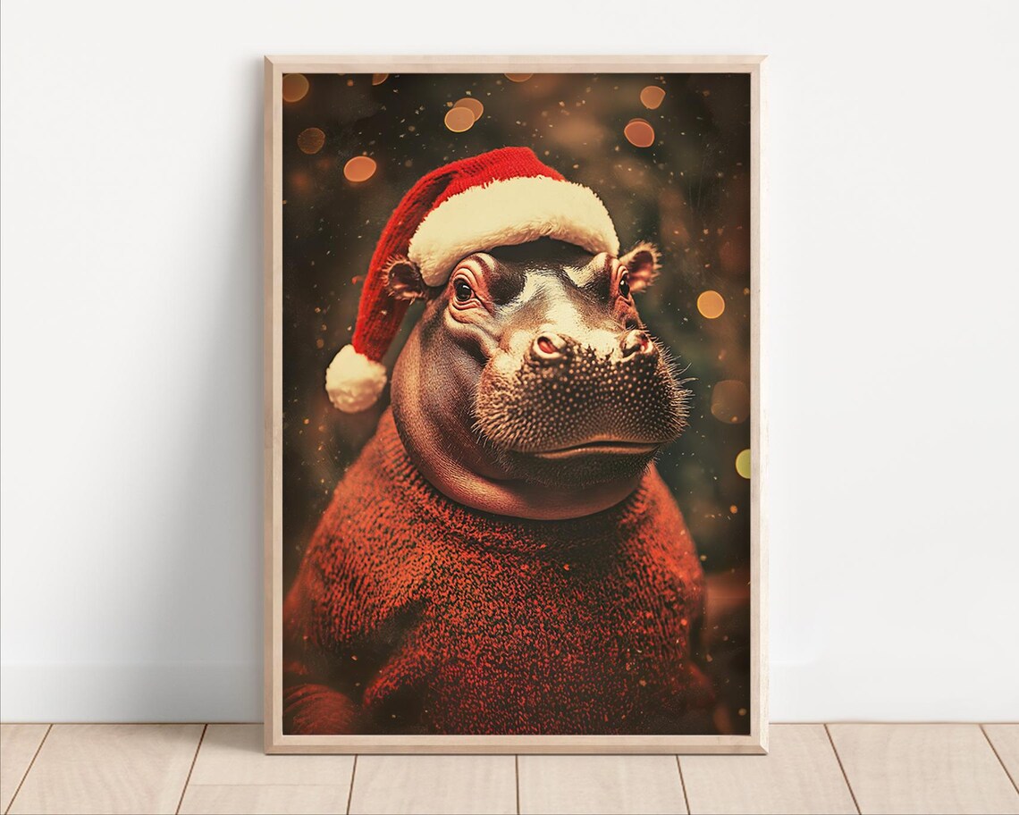 Baby Hippo in Santa Hat and Red Sweater Cute Christmas Winter Animal Poster