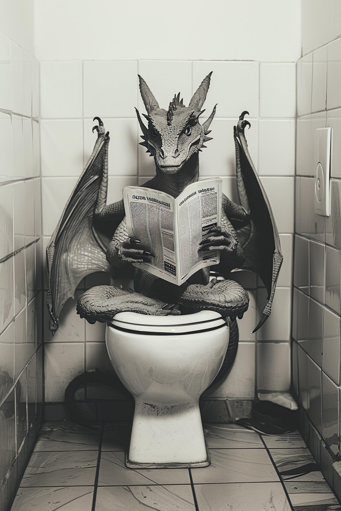 Dragon Sitting on the Toilet, Funny Bathroom Art Print