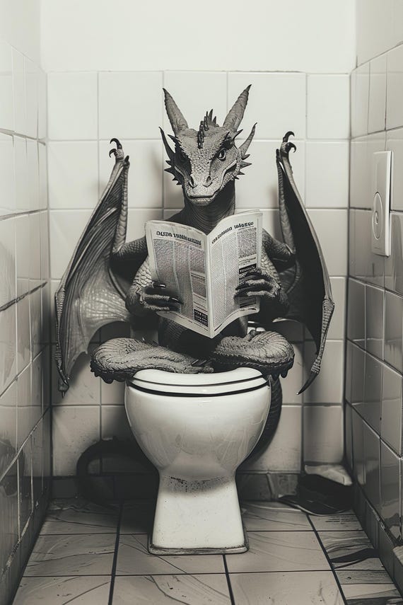 Dragon Sitting on the Toilet, Funny Bathroom Art Print