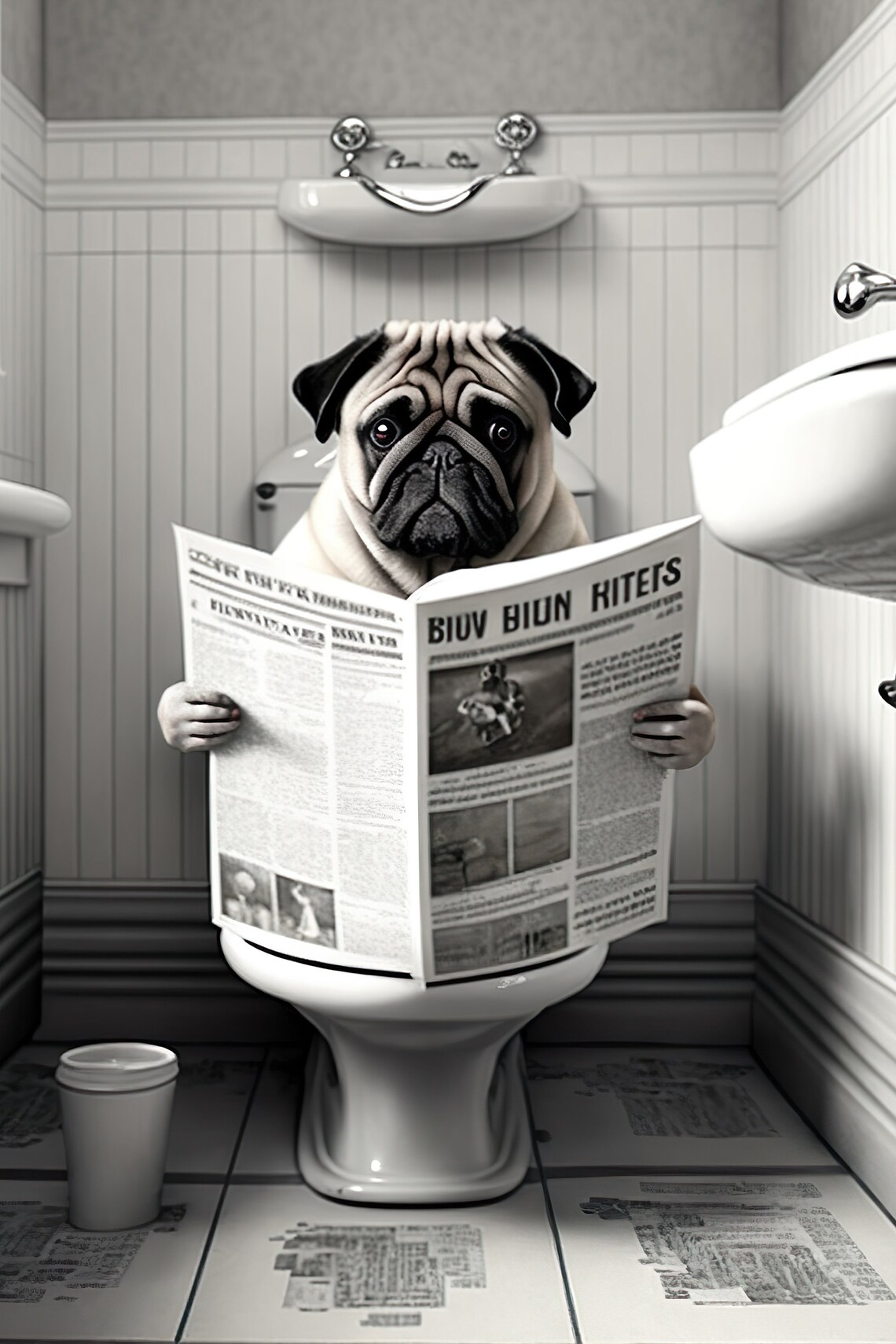 Pug Sitting on the Toilet Reading Newspaper Print