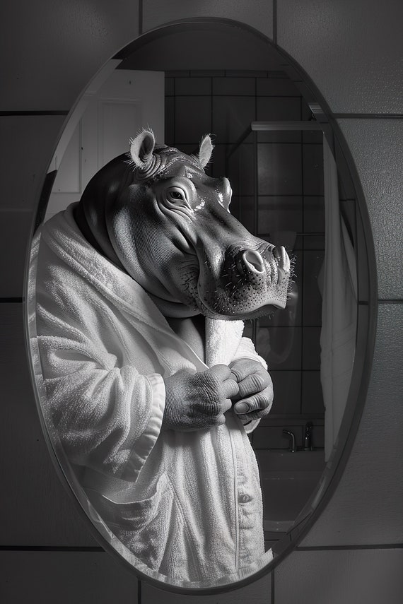 Hippo In A Bathrobe Funny Bathroom Wall Art Quirky Animal Art Funny Hippo Selfie Bath Humor Print Home Ai Wall Art Prints