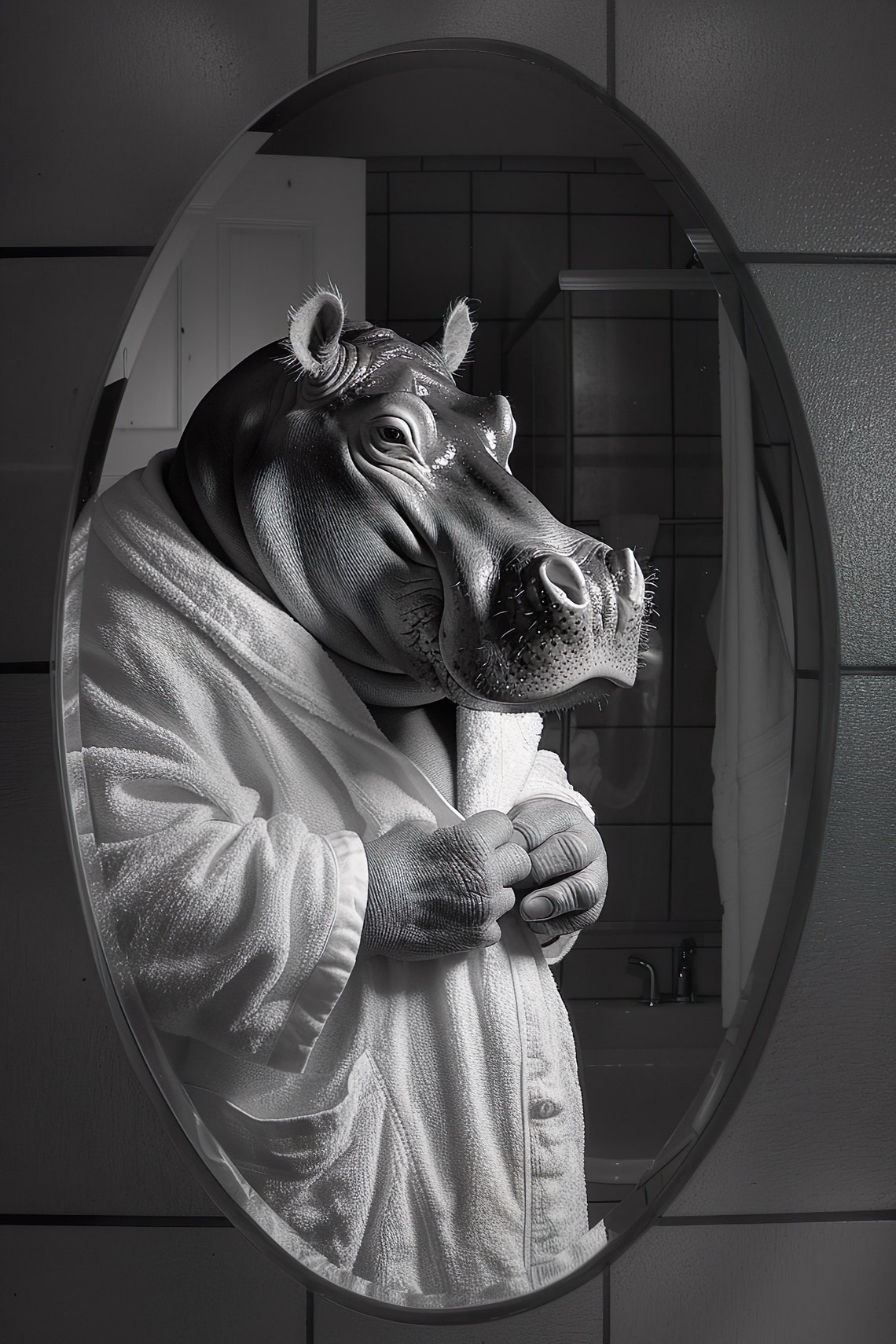Funny Hippo Bathrobe Bathroom Mirror Black White Animal Humor Poster