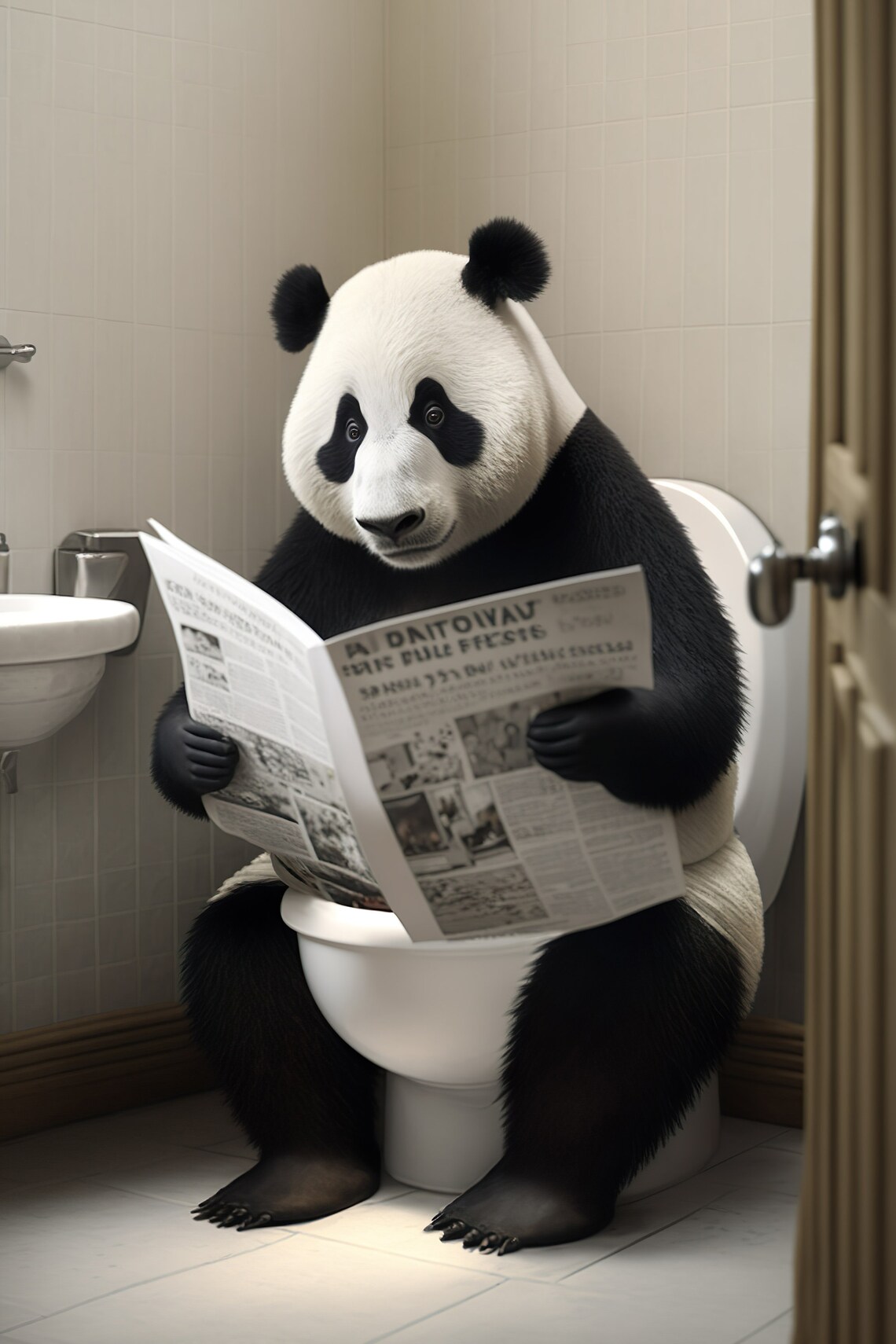 Panda Sitting on the Toilet Reading Newspaper, Bathroom Humor