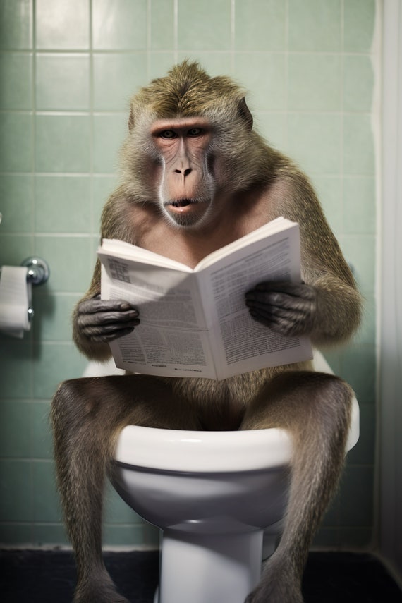Baboon Ape Sitting On The Toilet Reading A Newspaper Funny Bathroom Wall Art Funny Monkey Print Funny Animal Photo Ai Art