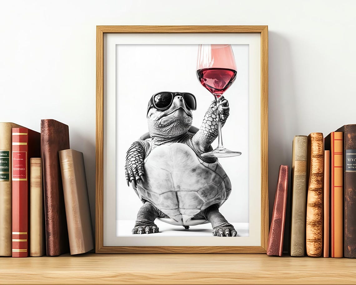 Turtle With Sunglasses Holding Red Wine Glass Funny Kitchen Poster - Image 3