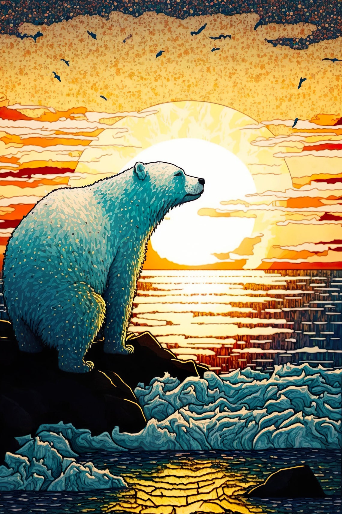 Polar Bear Wall Art Pointillism Animal Art Arctic Landscape Polar Bear Print Beautiful Home Wall Decor Ai Created