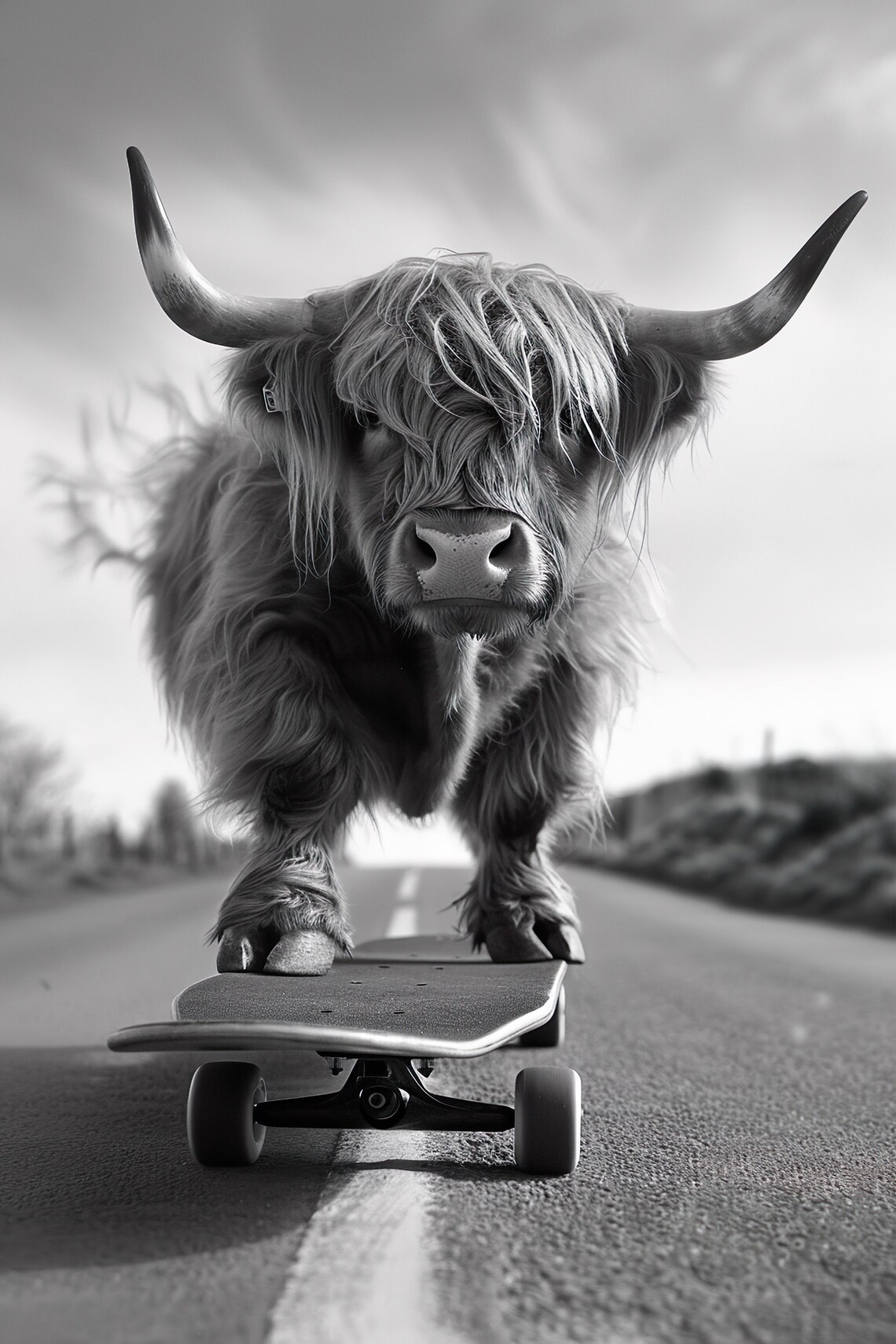 Highland Cow Skateboarding Funny Animal Art Print