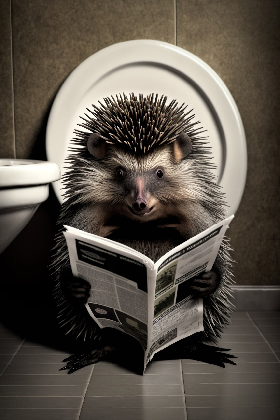 Porcupine Toilet Reading Newspaper, Funny Bathroom Art Print