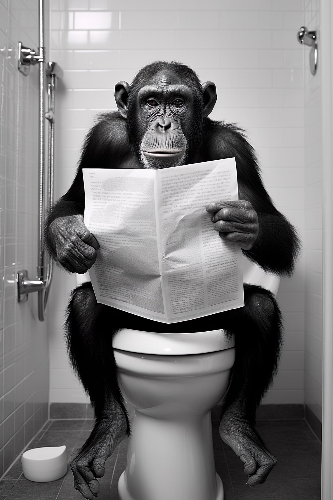 Chimpanzee Sitting On Toilet Reading Newspaper Funny Bathroom Poster