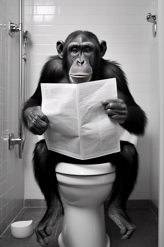 Chimpanzee Sitting On The Toilet Reading A Newspaper Funny Bathroom Wall Art Funny Monkey Print Funny Animal Photo Ai Art